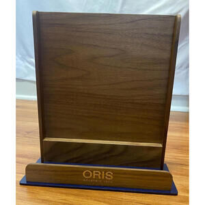 NEW ORIS Magazine Catalog Stand Exhibitor Display Gray Brown Felt Wood